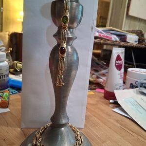 Pewter Candlestick and 2 gold bracelets
